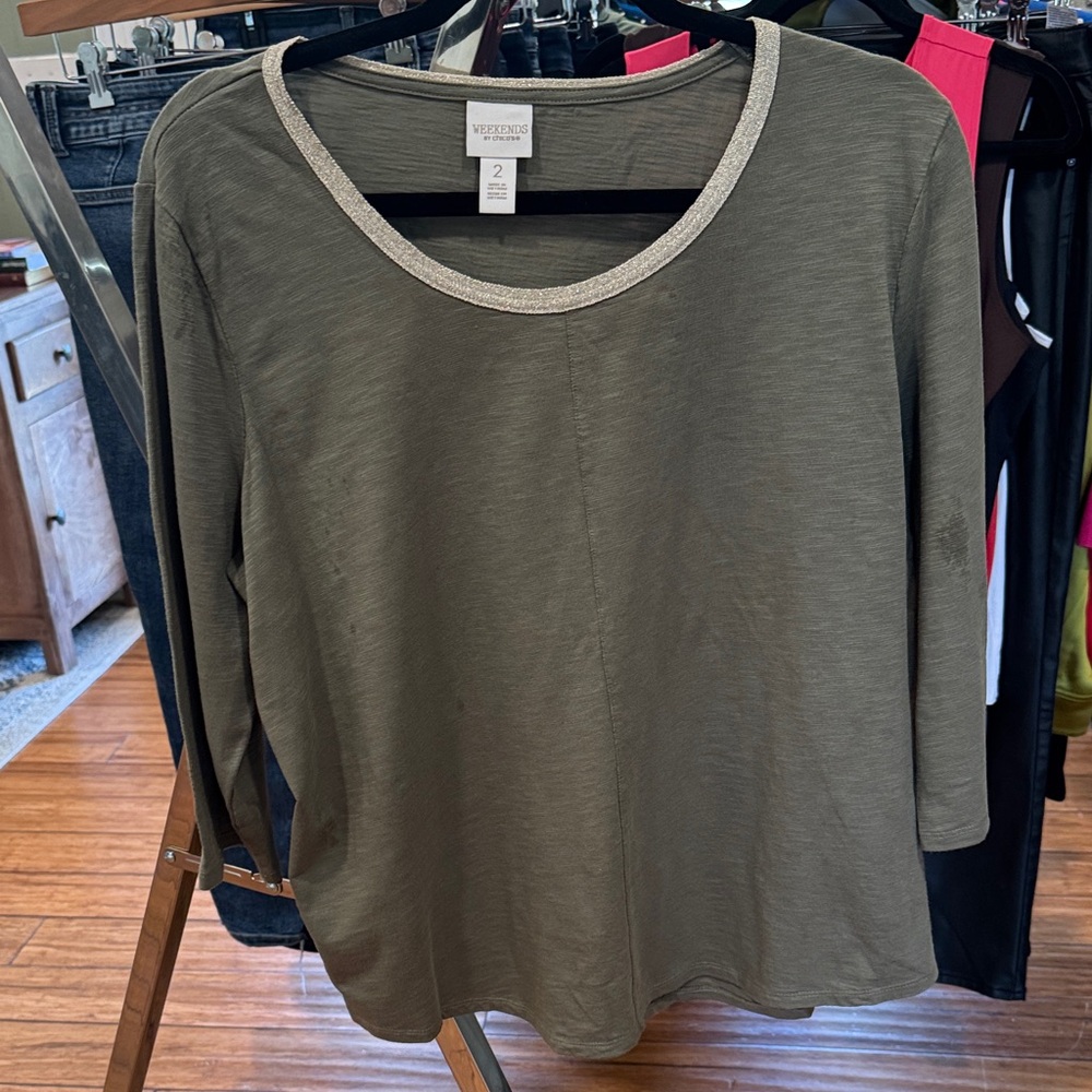 Chico's Sage Long Sleeve Top with Silver Trim